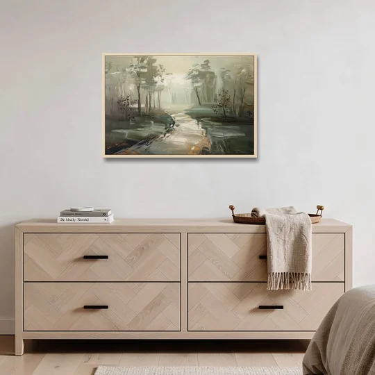 Salem Foggy Morning - Oak Framed Canvas Wall Art - Coffee Table - 36x24