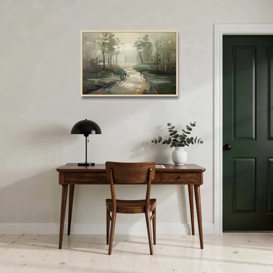 Salem Foggy Morning - Oak Framed Canvas Wall Art - Office - 36x24