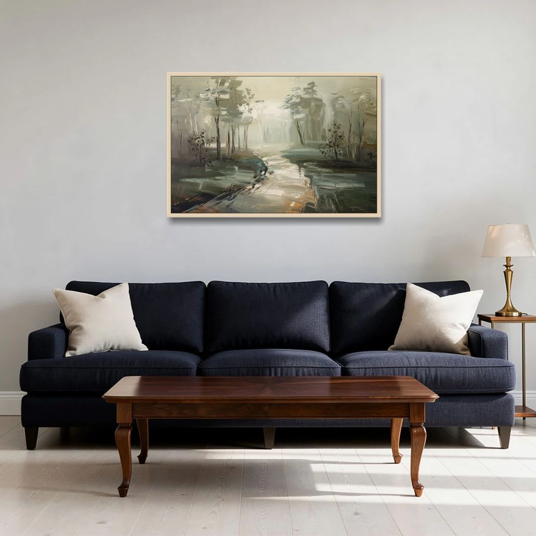 Salem Foggy Morning - Oak Framed Canvas Wall Art - Sofa - 36x24