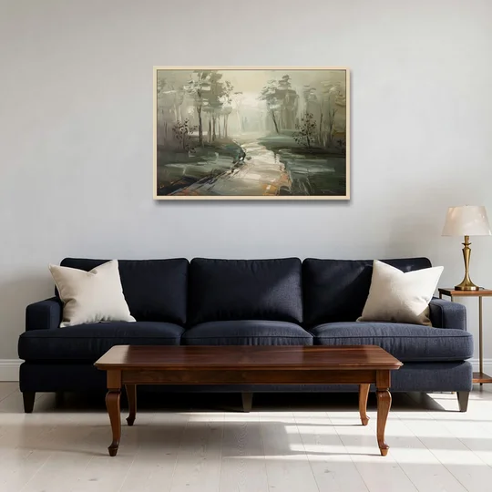 Salem Foggy Morning - Oak Framed Canvas Wall Art - Sofa - 36x24