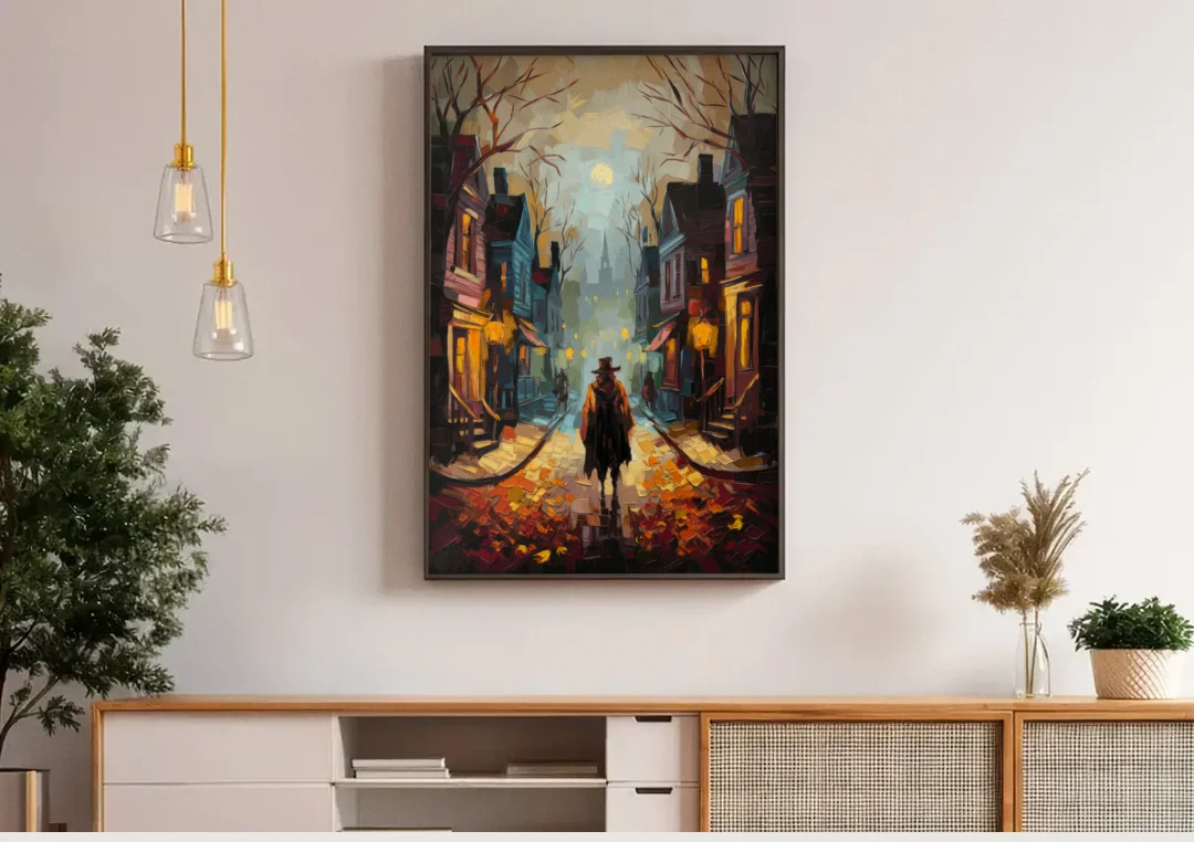 Salem Historic Downtown canvas wall art above a wooden sideboard under pendant lights