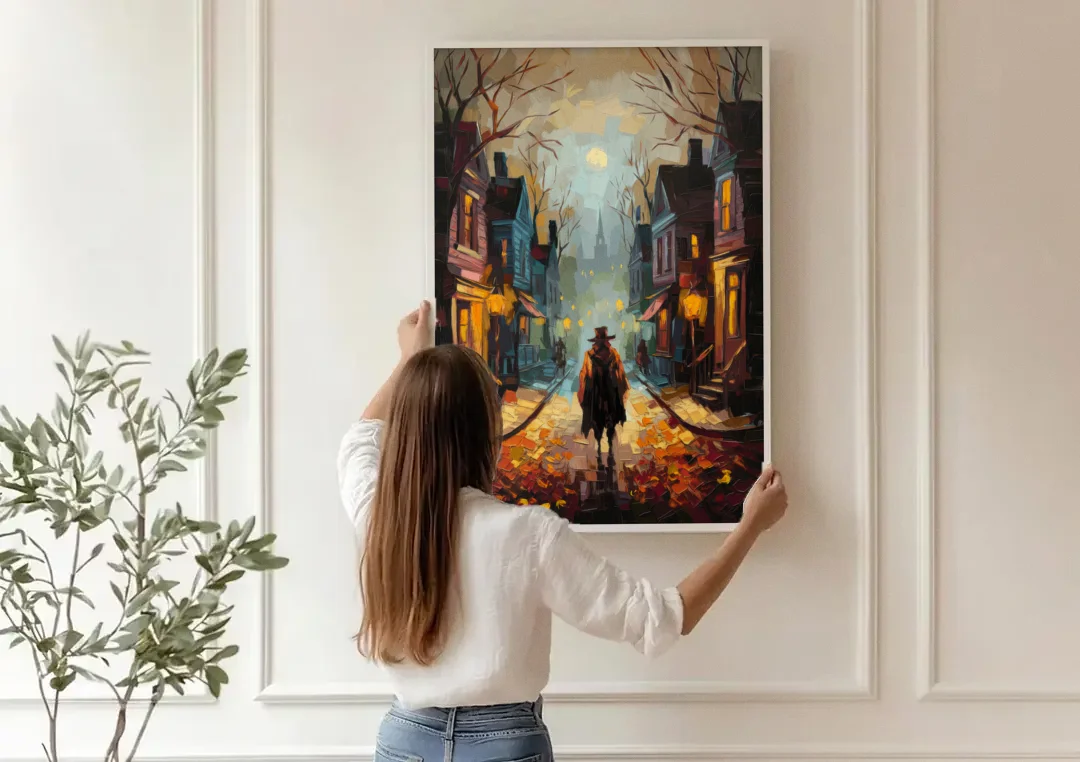 Salem Historic Downtown canvas wall art being hung on a paneled wall