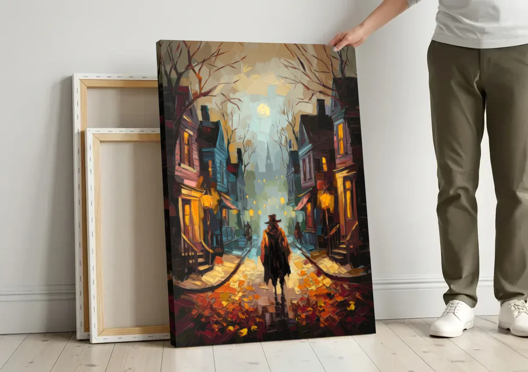 Salem Historic Downtown canvas wall art leaning against a wall next to blank canvases