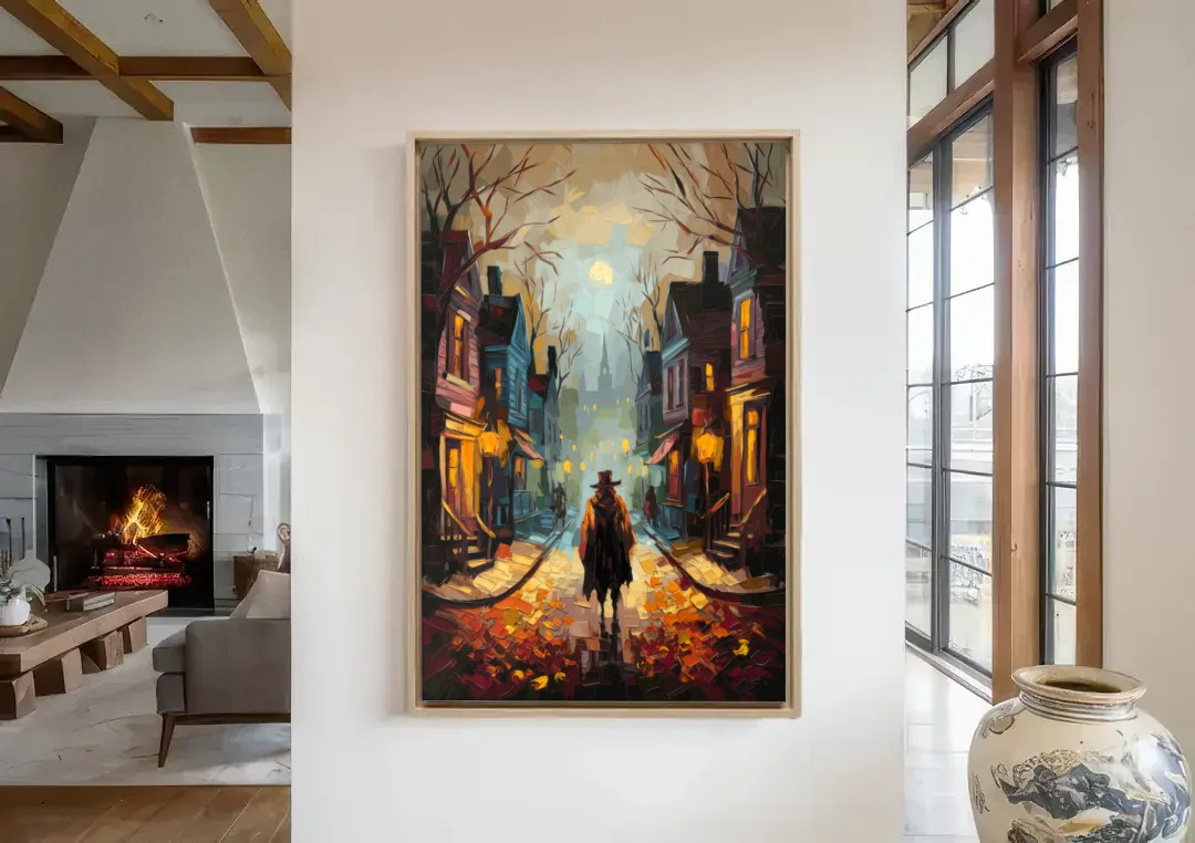Salem Historic Downtown canvas wall art in a living room with a fireplace