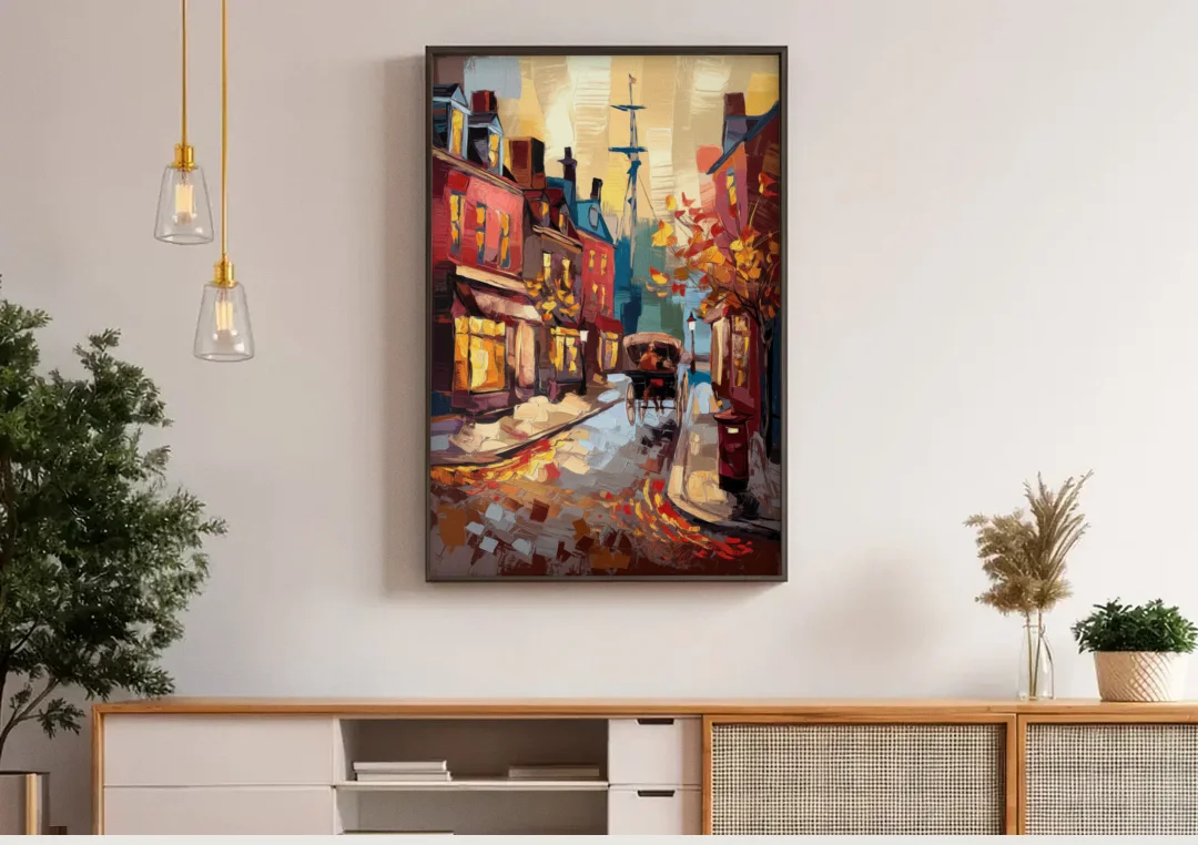 Salem New England Streets canvas wall art above a wooden sideboard under pendant lights