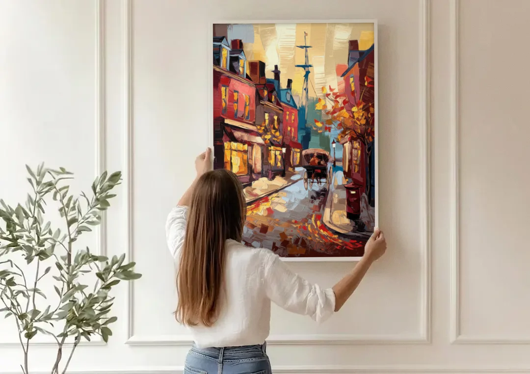 Salem New England Streets canvas wall art being hung on a paneled wall