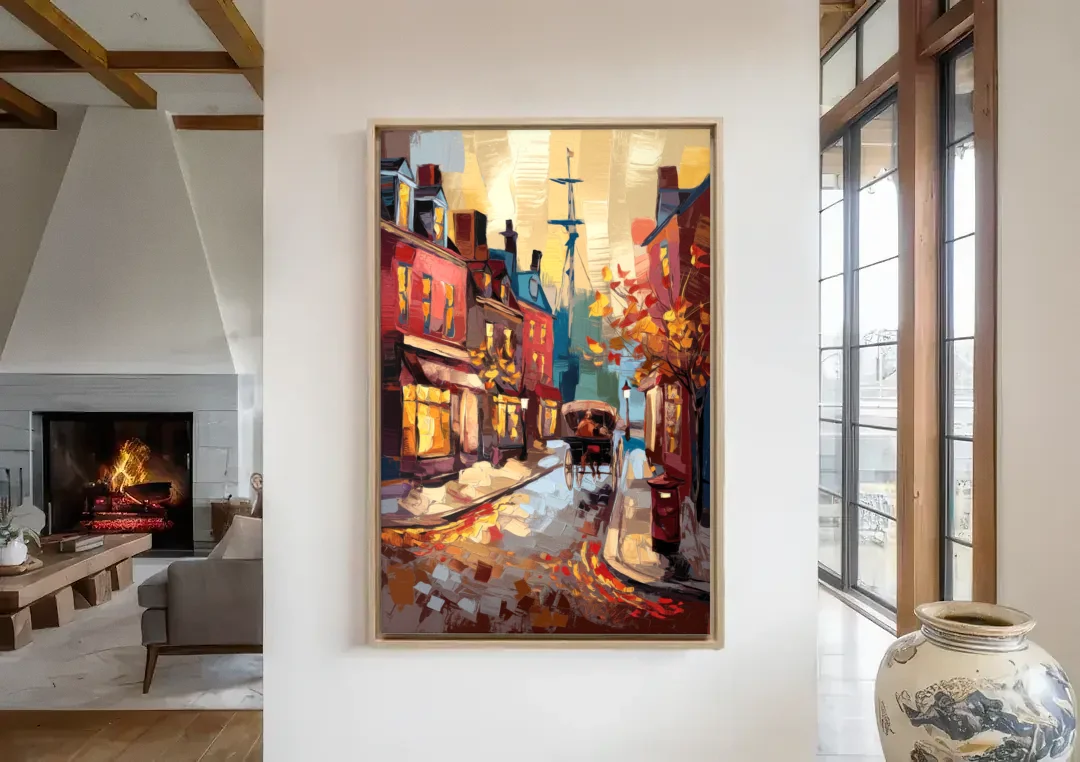 Salem New England Streets canvas wall art in a living room with a fireplace