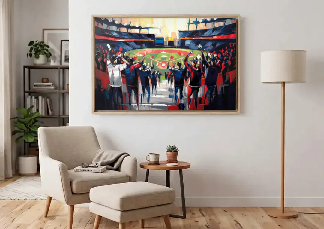 Salem Red Sox Fans canvas wall art above an armchair in a bright living room