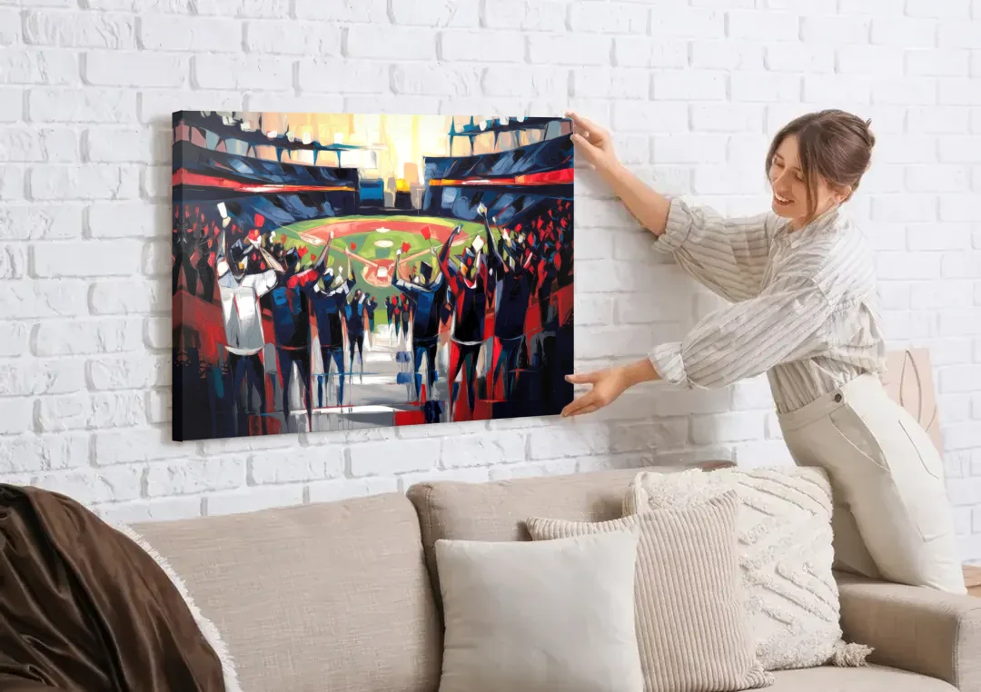 Salem Red Sox Fans canvas wall art being hung on a white brick wall above a sofa