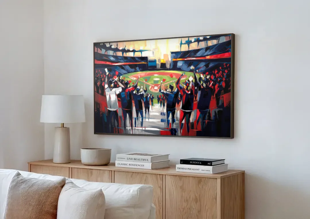 Salem Red Sox Fans canvas wall art above a wooden sideboard next to a sofa