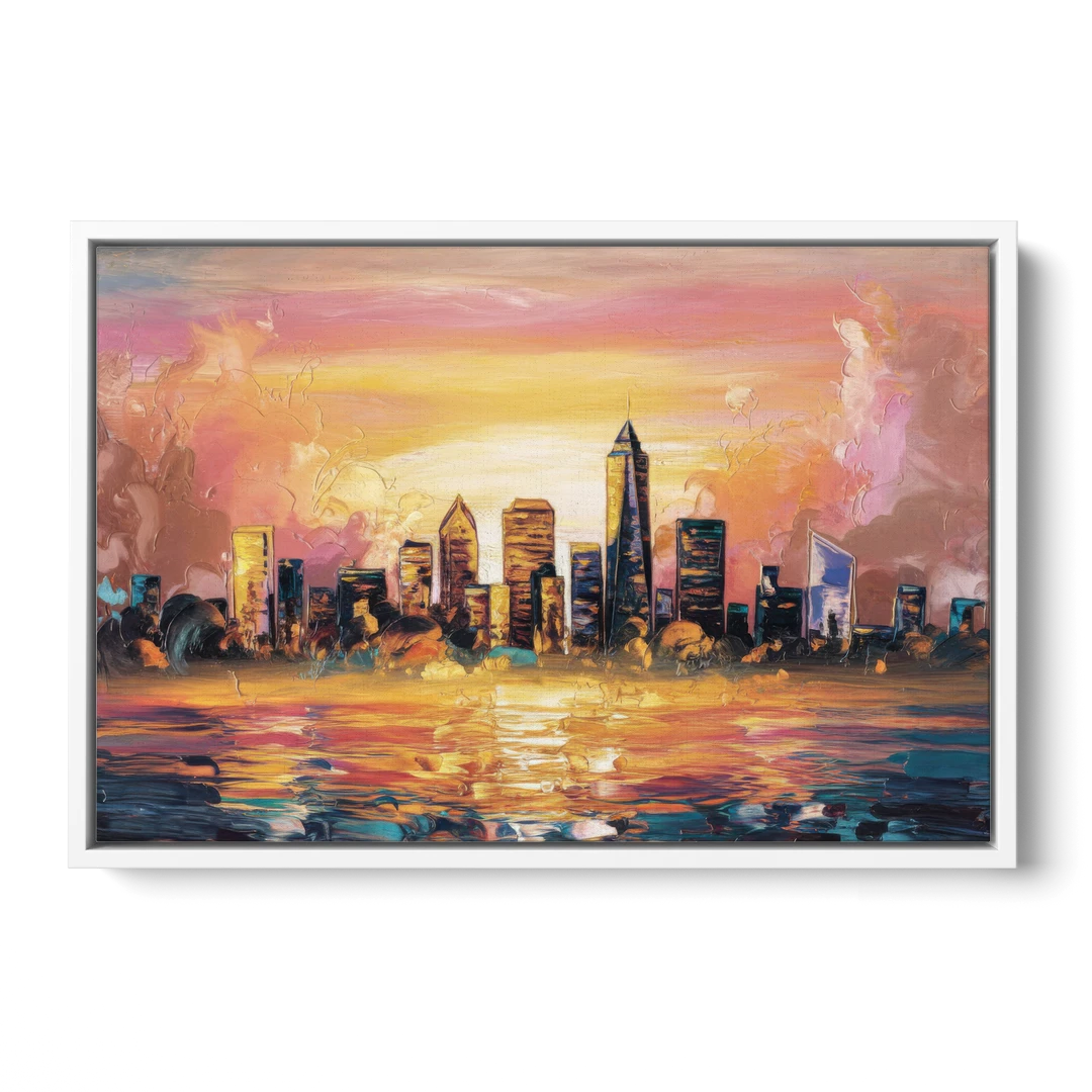 Salem Skyline Sunset - White Framed Canvas Wall Art - Front