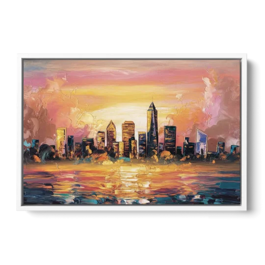 Salem Skyline Sunset - White Framed Canvas Wall Art - Front