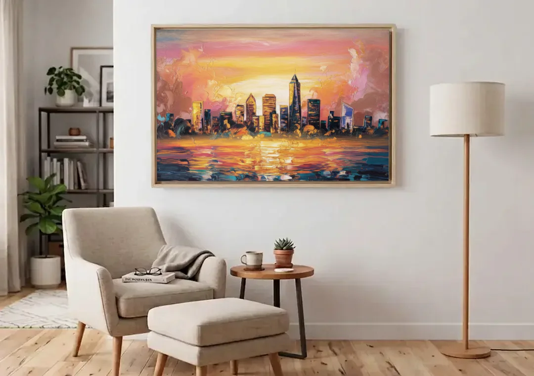 Salem Skyline Sunset canvas wall art above an armchair in a bright living room