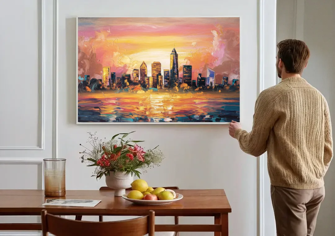 Salem Skyline Sunset canvas wall art above a dining table