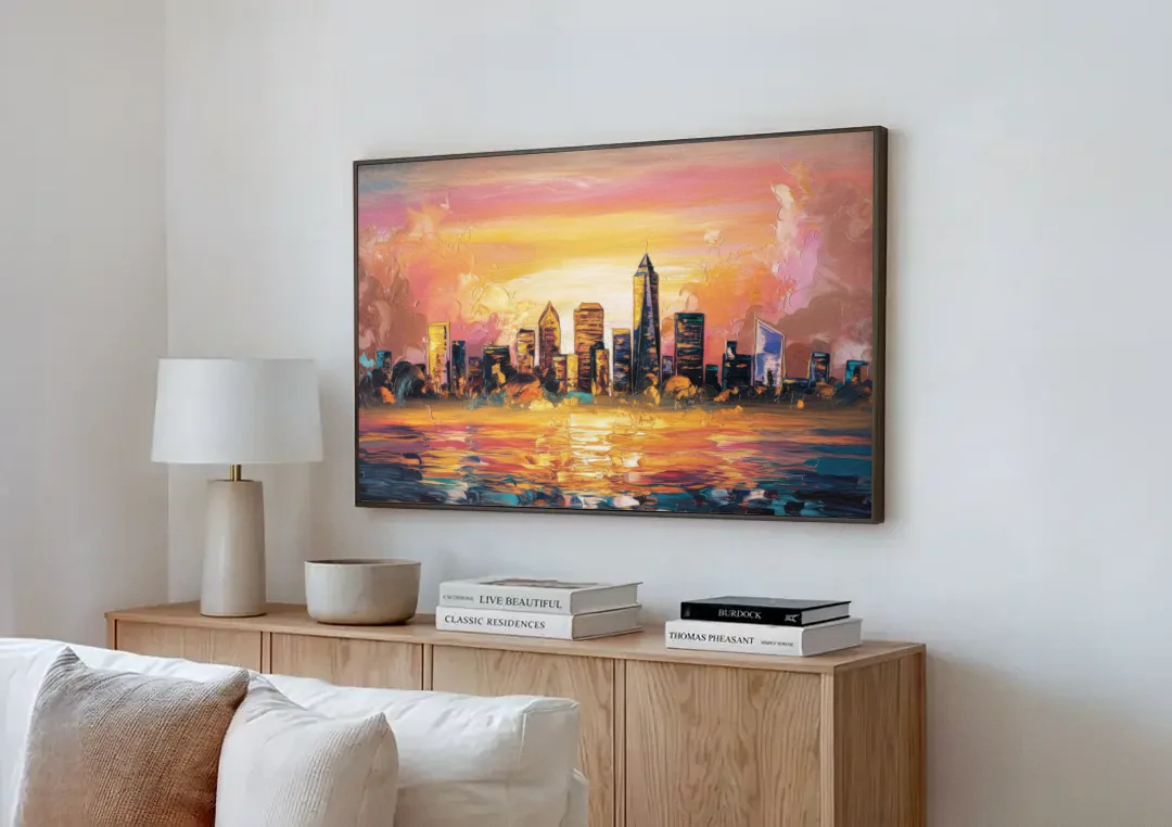 Salem Skyline Sunset canvas wall art above a wooden sideboard next to a sofa