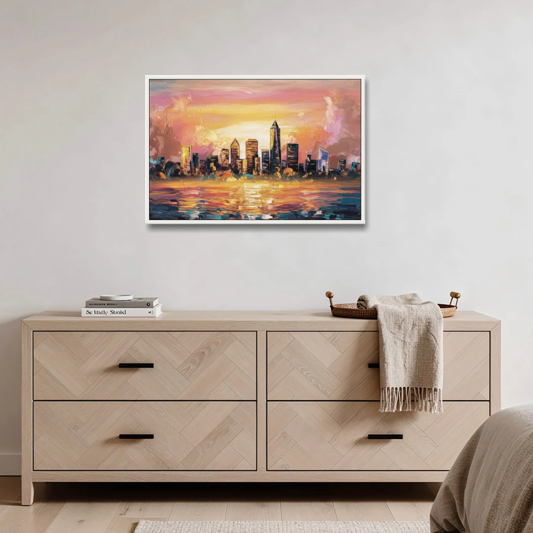 Salem Skyline Sunset - White Framed Canvas Wall Art - Coffee Table - 36x24