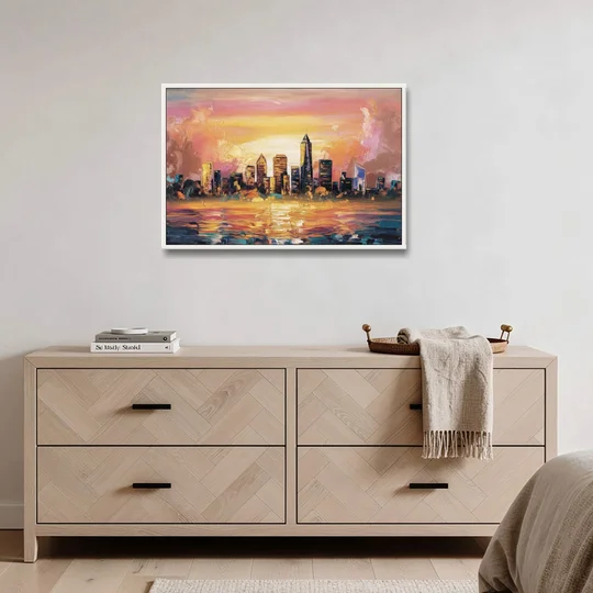 Salem Skyline Sunset - White Framed Canvas Wall Art - Coffee Table - 36x24