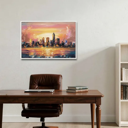 Salem Skyline Sunset - White Framed Canvas Wall Art - Office - 36x24