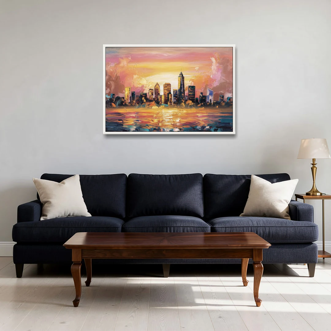 Salem Skyline Sunset - White Framed Canvas Wall Art - Sofa - 36x24