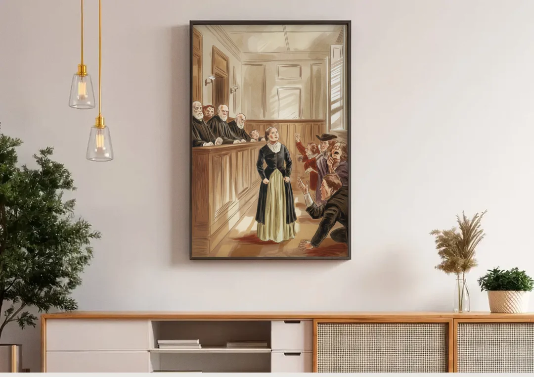 Salem Witch Trials Tribute canvas wall art above a wooden sideboard under pendant lights