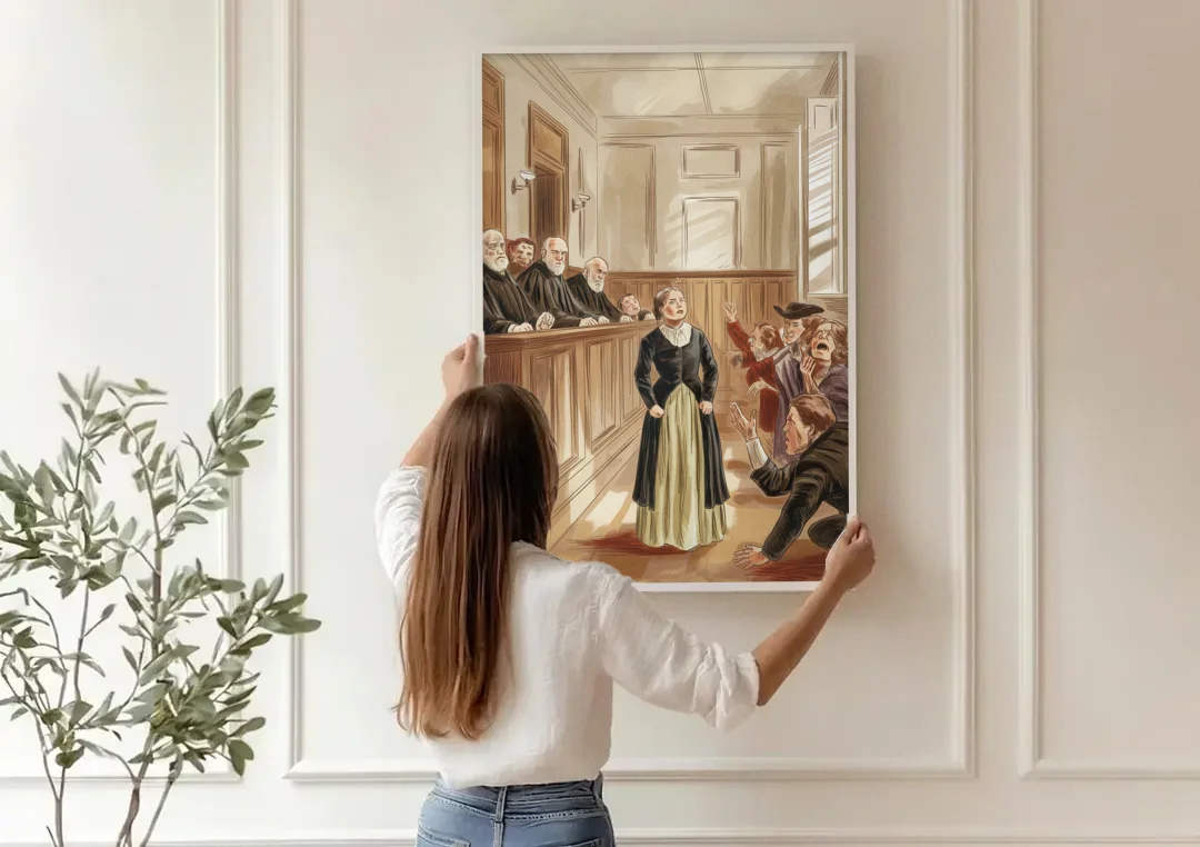 Salem Witch Trials Tribute canvas wall art being hung on a paneled wall
