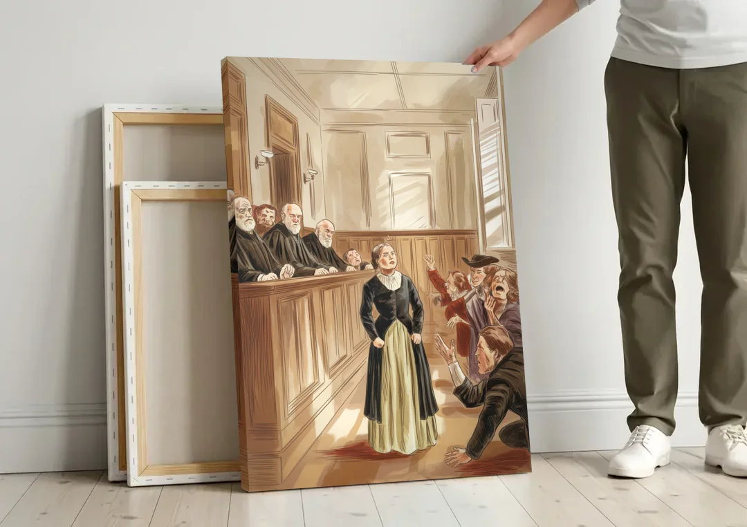 Salem Witch Trials Tribute canvas wall art leaning against a wall next to blank canvases