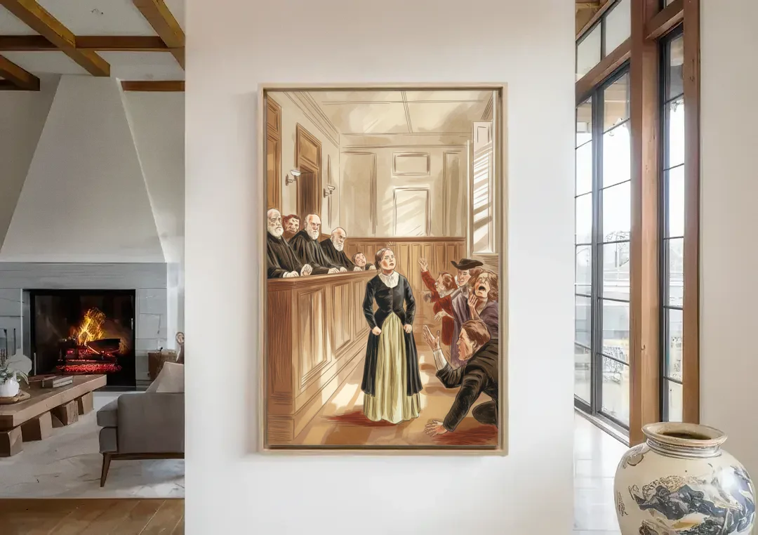 Salem Witch Trials Tribute canvas wall art in a living room with a fireplace