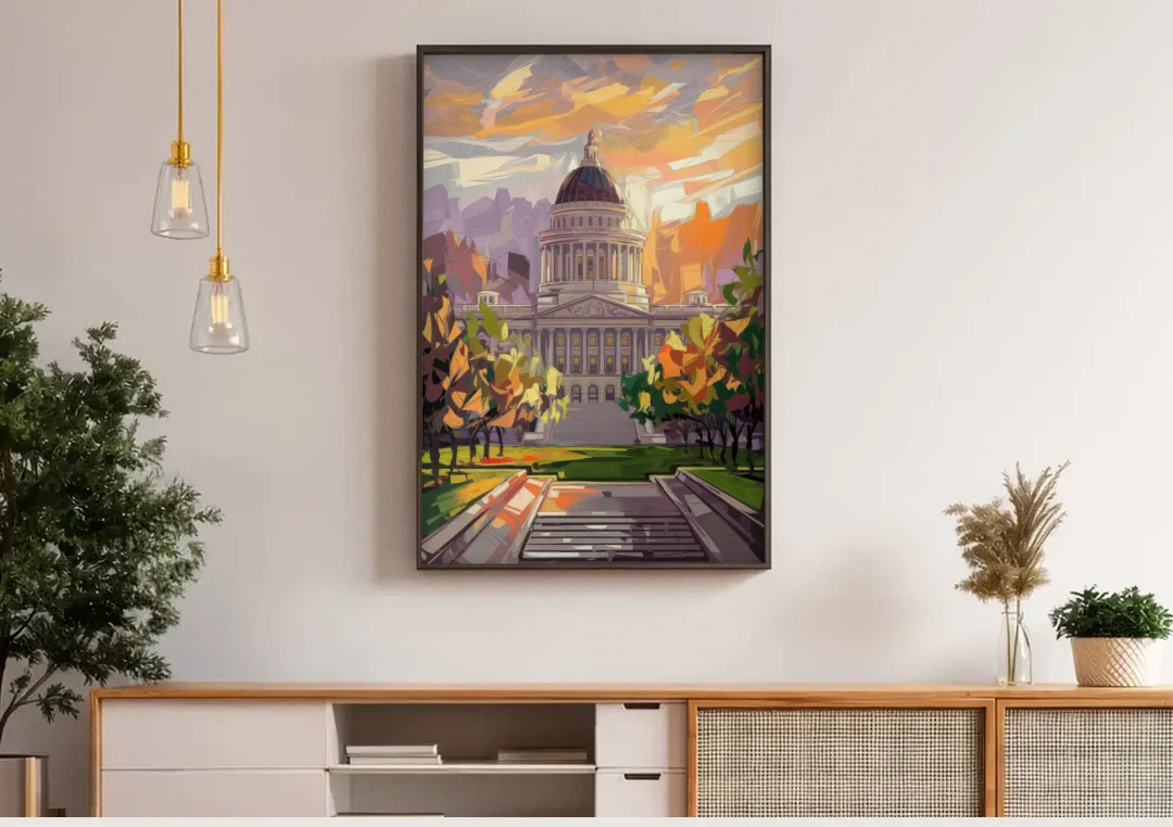 Salt Lake City Capitol Building canvas wall art above a wooden sideboard under pendant lights