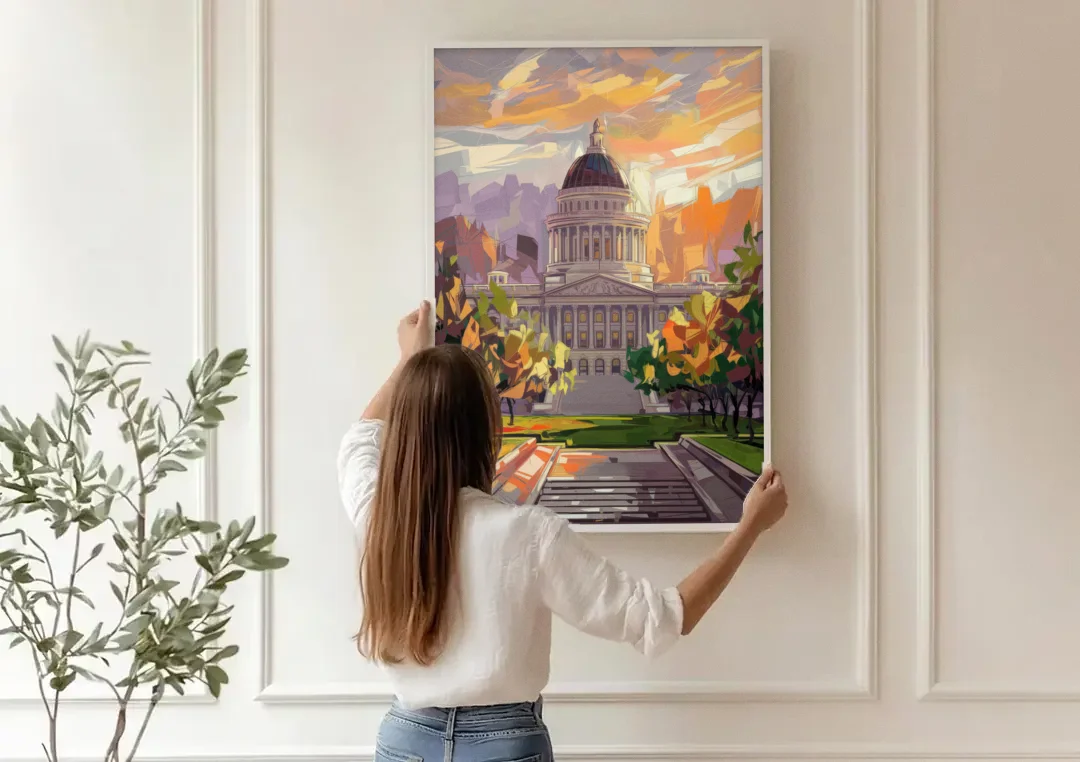 Salt Lake City Capitol Building canvas wall art being hung on a paneled wall