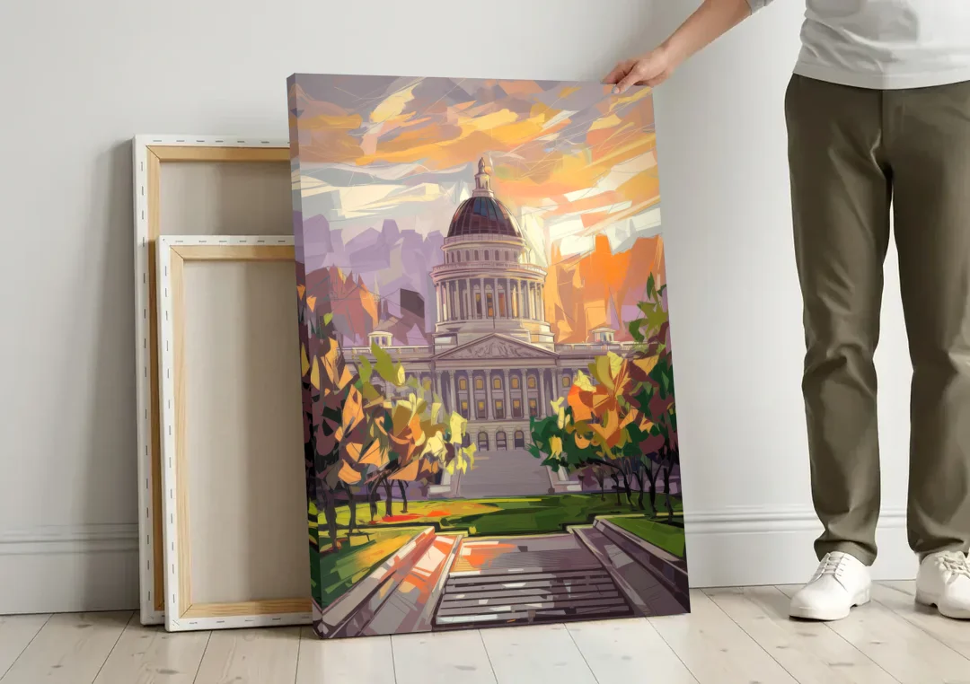 Salt Lake City Capitol Building canvas wall art leaning against a wall next to blank canvases