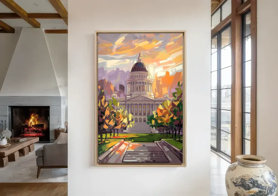 Salt Lake City Capitol Building canvas wall art in a living room with a fireplace