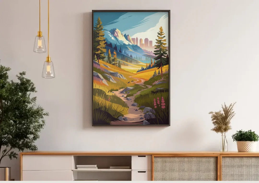 Salt Lake City Nature Trails canvas wall art above a wooden sideboard under pendant lights