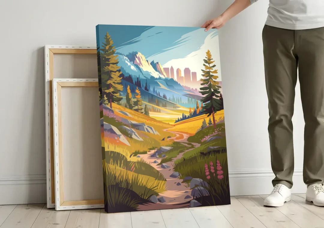 Salt Lake City Nature Trails canvas wall art leaning against a wall next to blank canvases