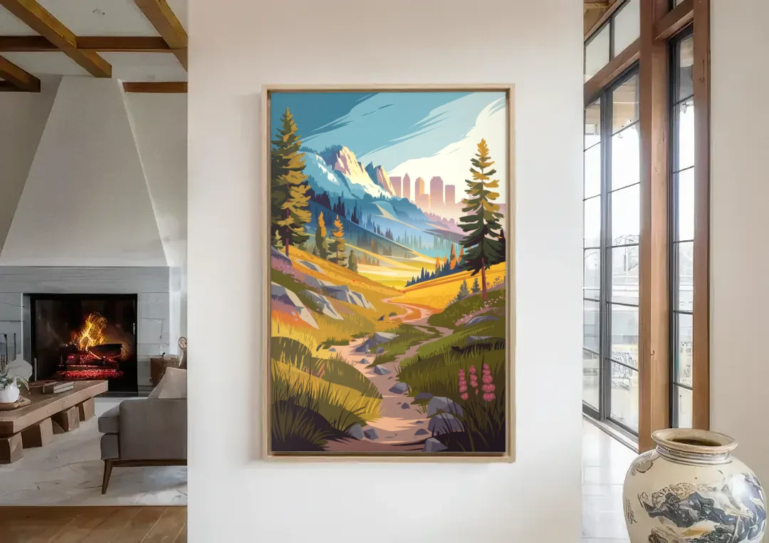 Salt Lake City Nature Trails canvas wall art in a living room with a fireplace