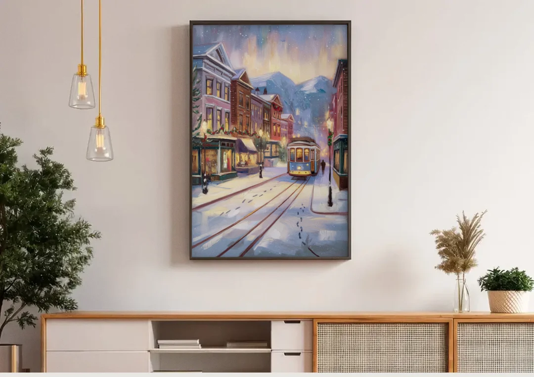 Salt Lake City Winter Scene canvas wall art above a wooden sideboard under pendant lights