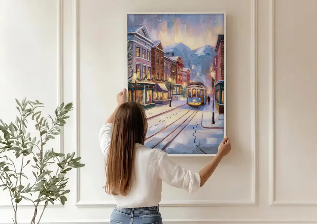 Salt Lake City Winter Scene canvas wall art being hung on a paneled wall