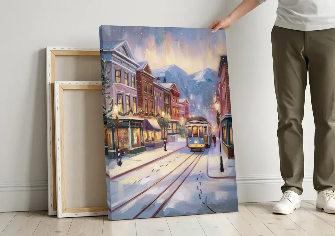 Salt Lake City Winter Scene canvas wall art leaning against a wall next to blank canvases