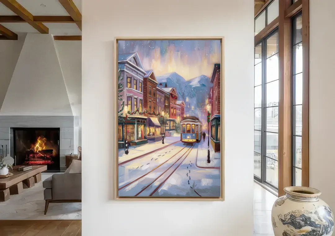 Salt Lake City Winter Scene canvas wall art in a living room with a fireplace