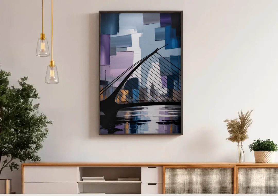 Samuel Beckett Bridge Silhouette canvas wall art above a wooden sideboard under pendant lights