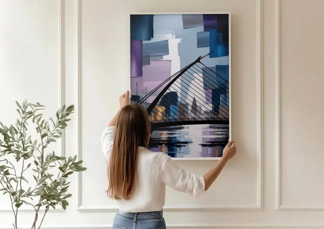 Samuel Beckett Bridge Silhouette canvas wall art being hung on a paneled wall