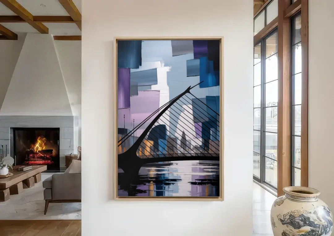 Samuel Beckett Bridge Silhouette canvas wall art in a living room with a fireplace