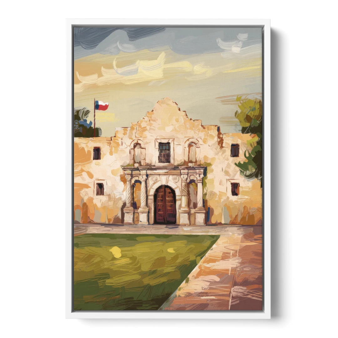 San Antonio Alamo Tribute - White Framed Canvas Wall Art - Front