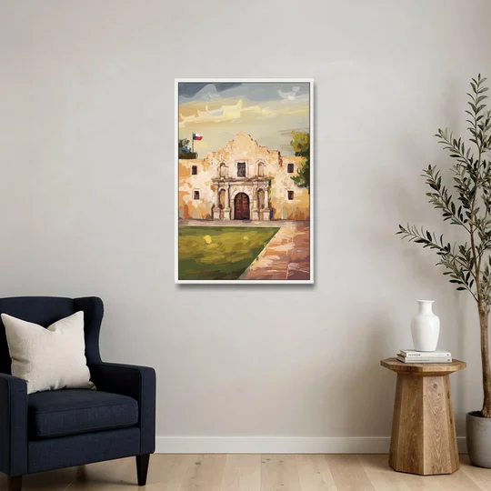San Antonio Alamo Tribute - White Framed Canvas Wall Art - Sofa - 24x36