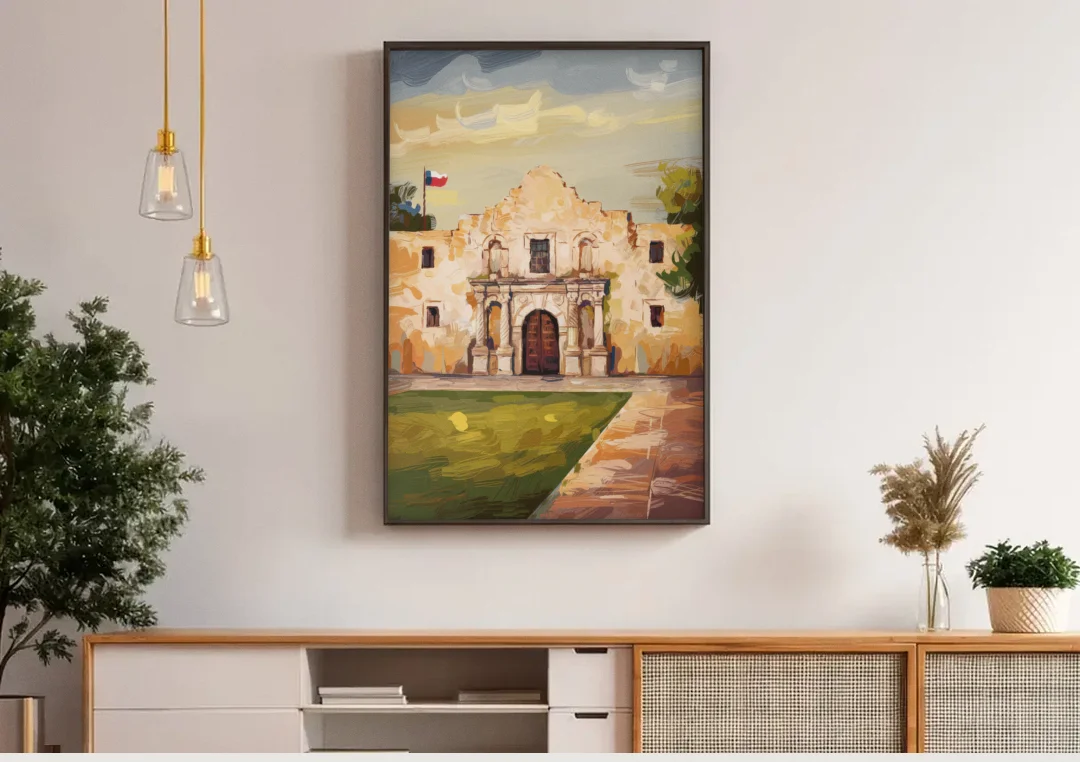 San Antonio Alamo Tribute canvas wall art above a wooden sideboard under pendant lights