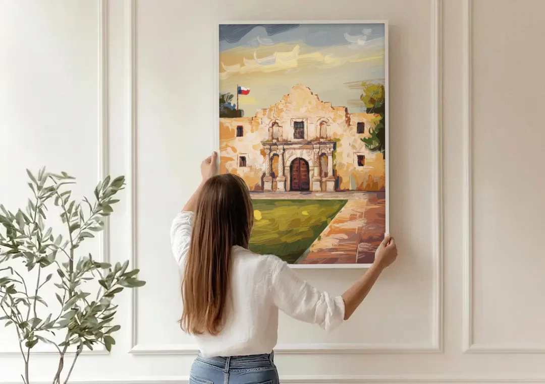 San Antonio Alamo Tribute canvas wall art being hung on a paneled wall