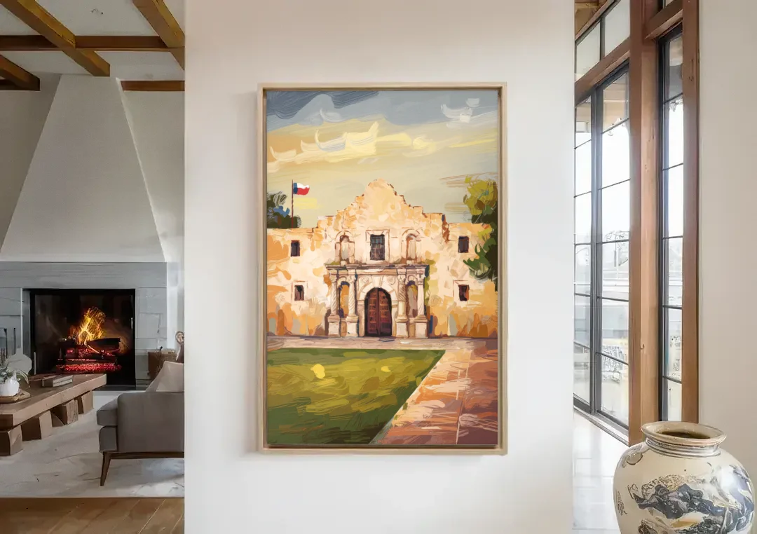 San Antonio Alamo Tribute canvas wall art in a living room with a fireplace