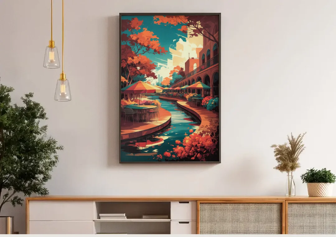 San Antonio Cultural Heritage canvas wall art above a wooden sideboard under pendant lights
