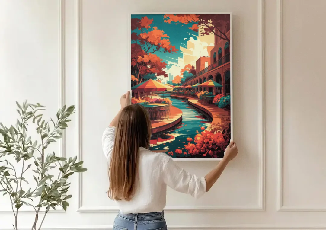 San Antonio Cultural Heritage canvas wall art being hung on a paneled wall