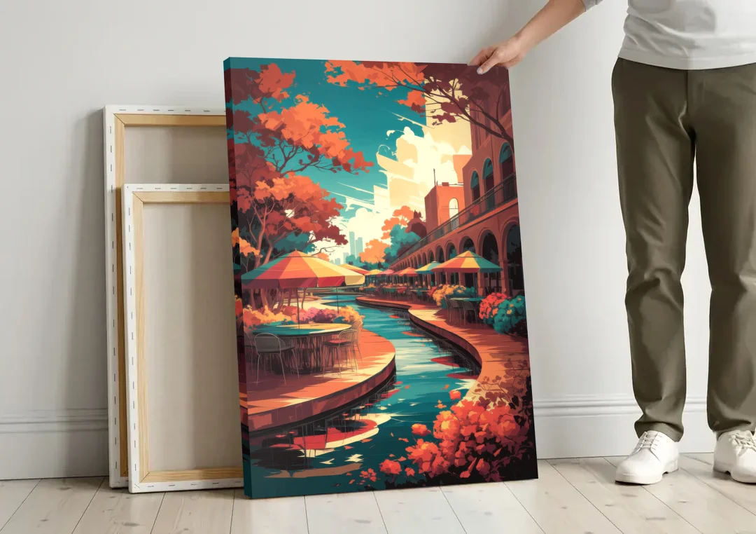 San Antonio Cultural Heritage canvas wall art leaning against a wall next to blank canvases