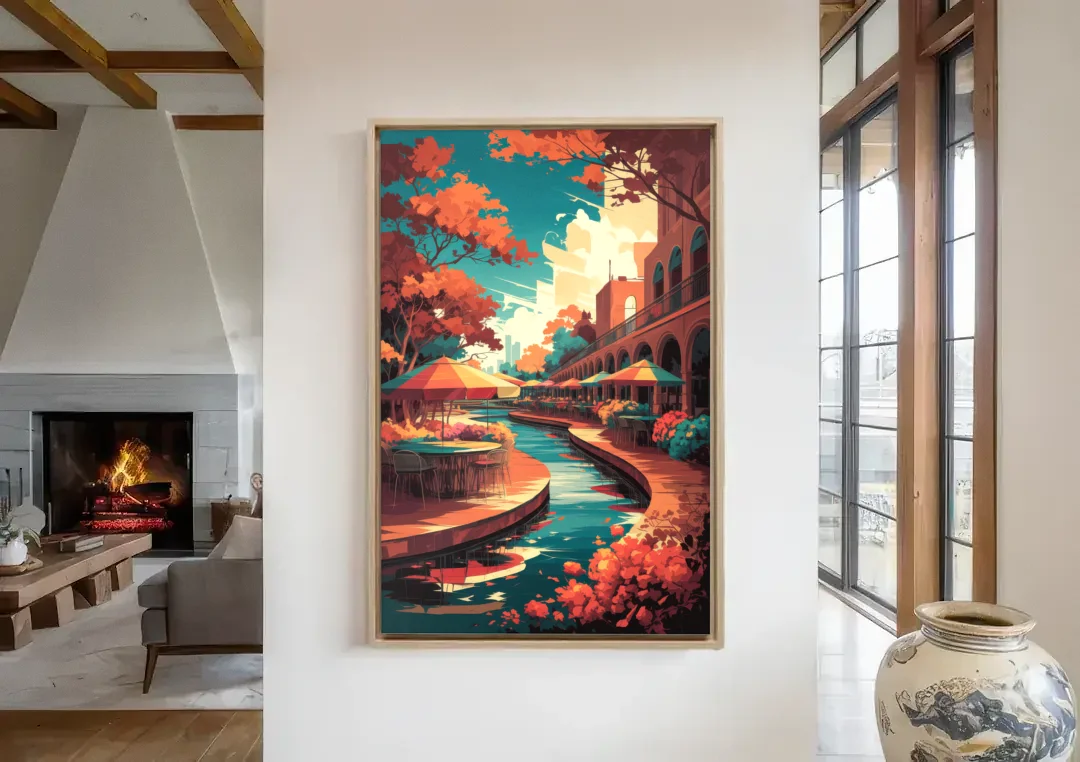 San Antonio Cultural Heritage canvas wall art in a living room with a fireplace